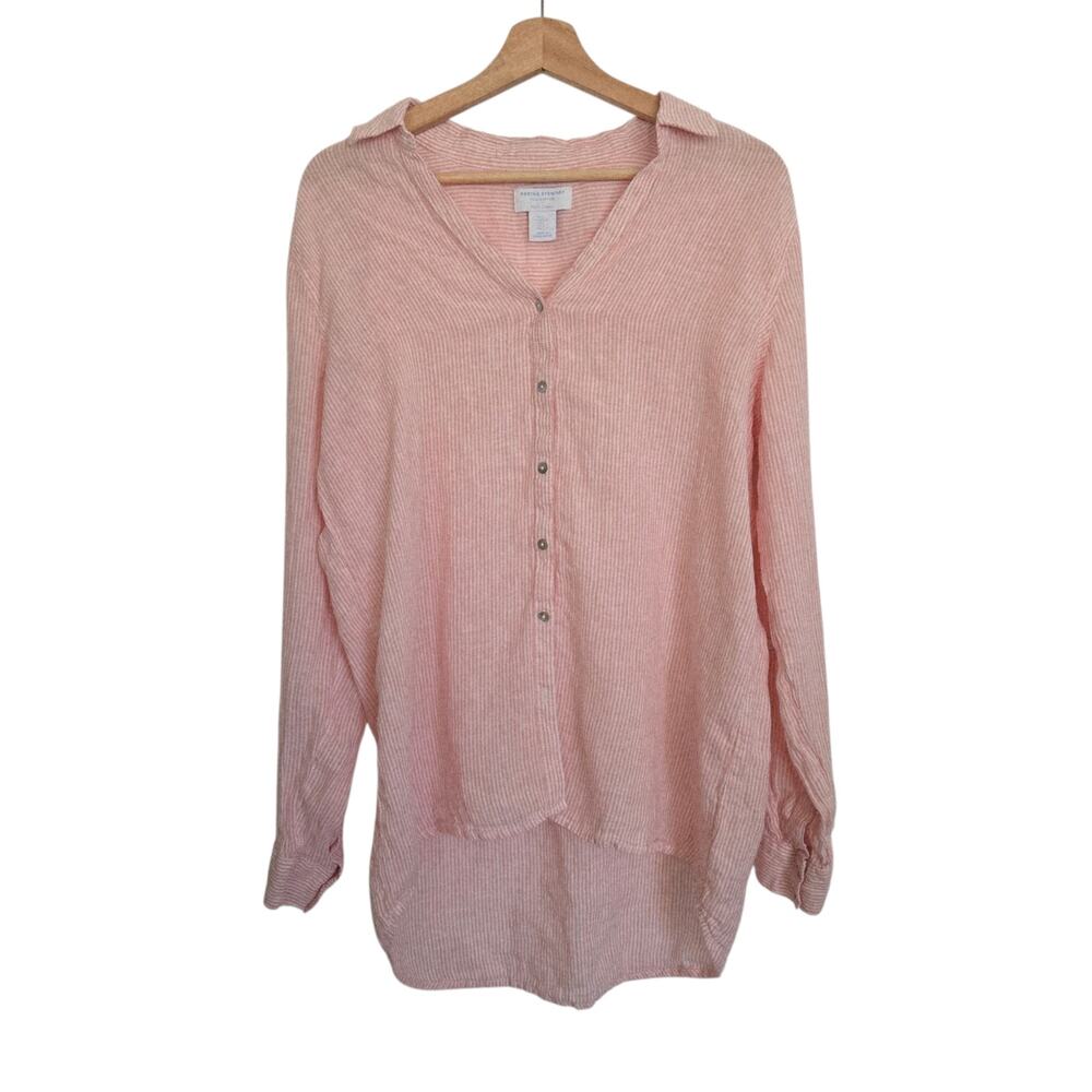 Martha Stewart LARGE 100% Linen Romantic Pink Pinstripe Rolltab Button Shirt